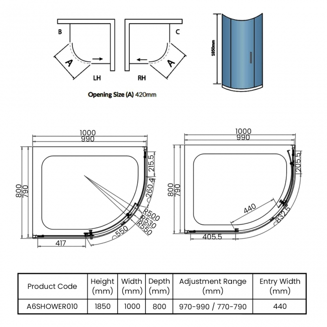 Orbit A6 1-Door Offset Quadrant Shower Enclosure 1000mm x 800mm - 6mm Glass