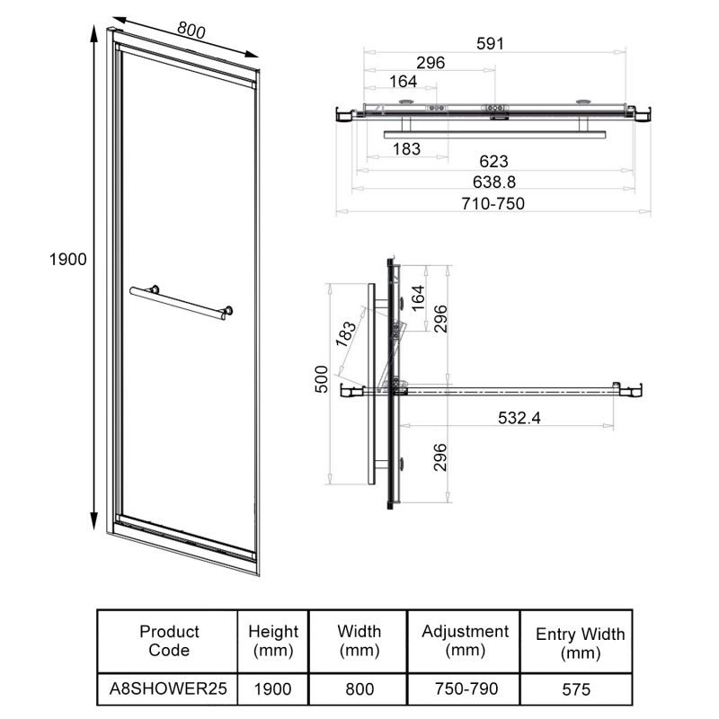 Orbit A8 In-Fold Shower Door | 800mm | A8SHOWER25