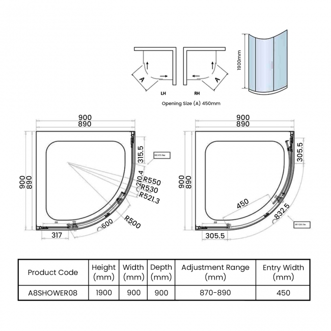 Orbit A8 1-Door Quadrant Shower Enclosure 900mm x 900mm Wide - 8mm Glass