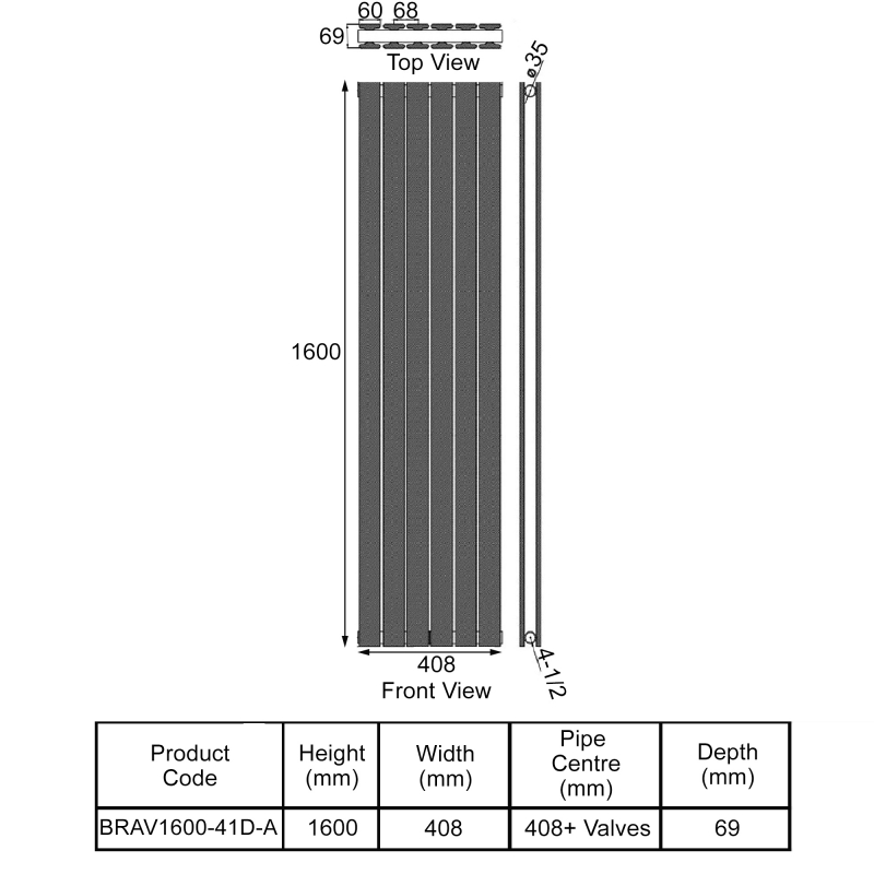 Orbit Bravo Designer Radiator | BRAV1600-41D-A | 1600mm x 408mm ...