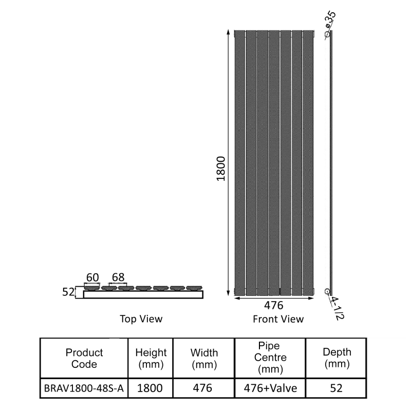 Orbit Bravo Single Designer Vertical Radiator 1800mm H x 476mm W - Anthracite