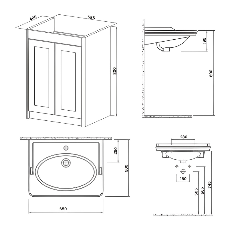 Orbit Classica Traditional Floor Standing Vanity Unit with Basin 650mm Wide - Silk Chalk White