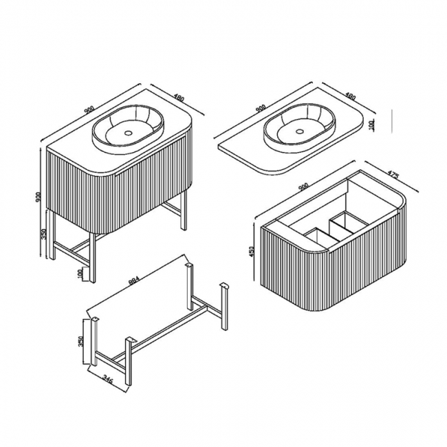 Orbit Linea Curve 1-Drawer Wall Hung Vanity Unit and Worktop with Basin 900mm Wide - Matte Black