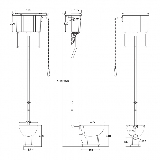 Orbit Harrogate High Level Pan with Pull Chain Cistern and Flush Pipe Kit - Excluding Seat