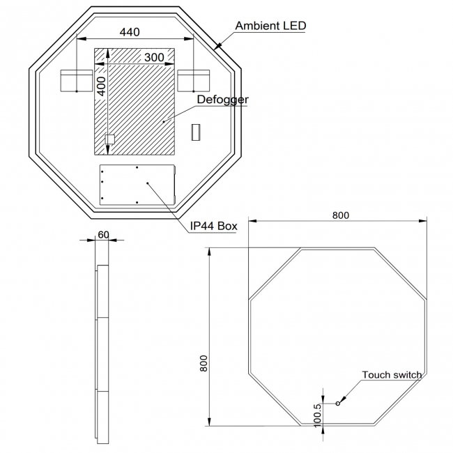 Orbit Passa Octagonal LED Bathroom Mirror 800mm H x 800mm W - Brushed Brass