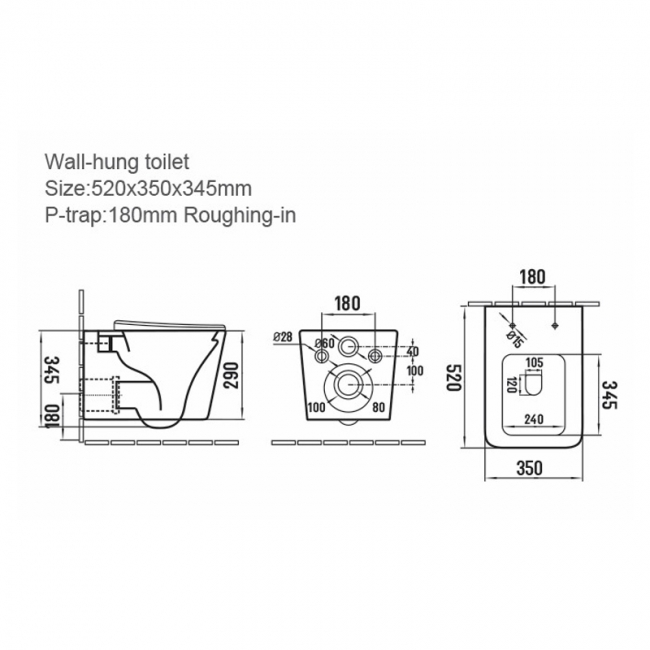 Orbit Riviera Square Rimless Wall Hung Toilet Pan with Soft Close Seat - Gloss White