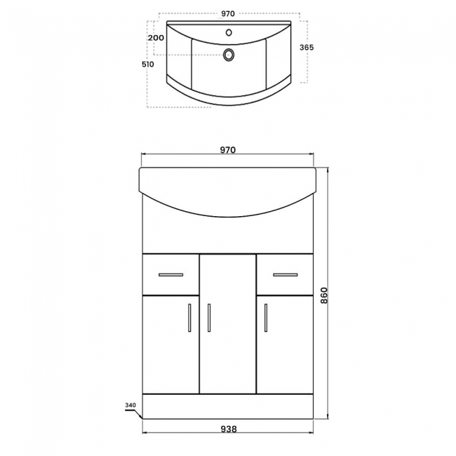 Orbit Verona Floor Standing 3-Door and 2-Drawer Vanity Unit with Basin 970mm Wide - Gloss White