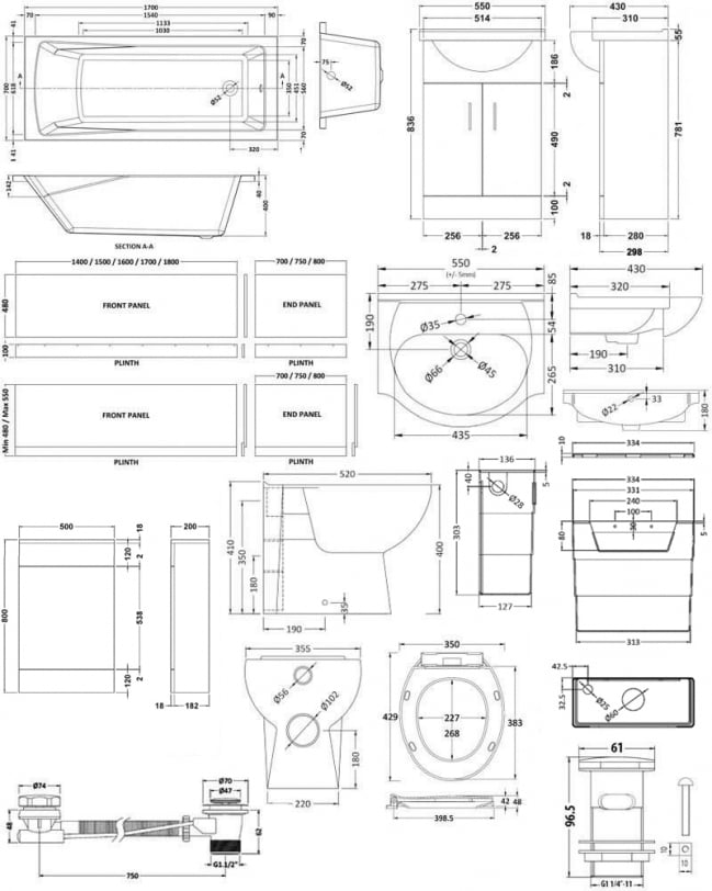 Linton Modern Complete Bathroom Furniture Suite with Single Ended 1700mm X 700mm Bath