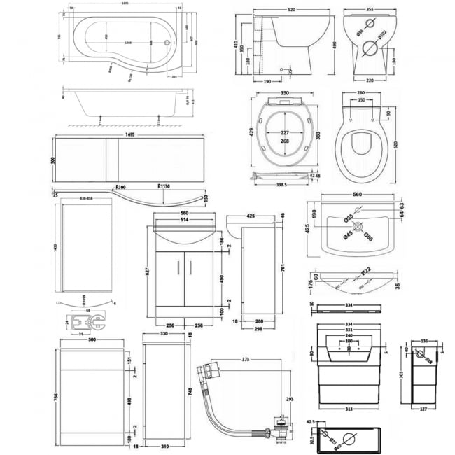 Mayford Modern Complete Bathroom Furniture Suite with B-Shaped Bath 1700mm - Right Handed