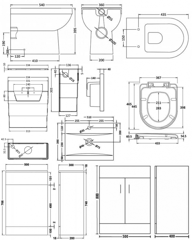 Mayford Furniture Bathroom Suite with Floor Standing Vanity Unit - 500mm Wide