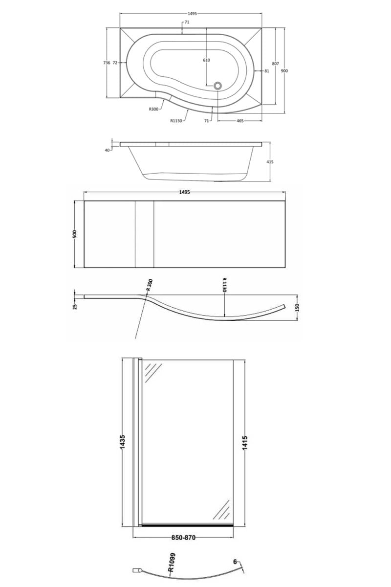 Nuie B-Shaped Bath | SBATH21 | 1500mm X 800mm | Acrylic