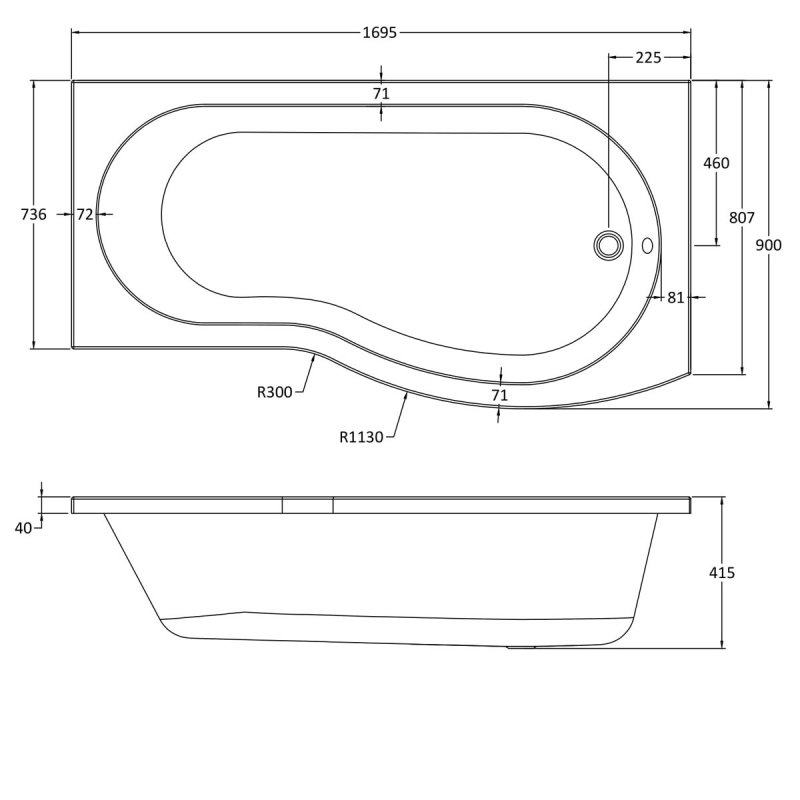 Nuie B-Shaped Bath | WBB1785R | 1700mm X 736 - 900mm | Acrylic