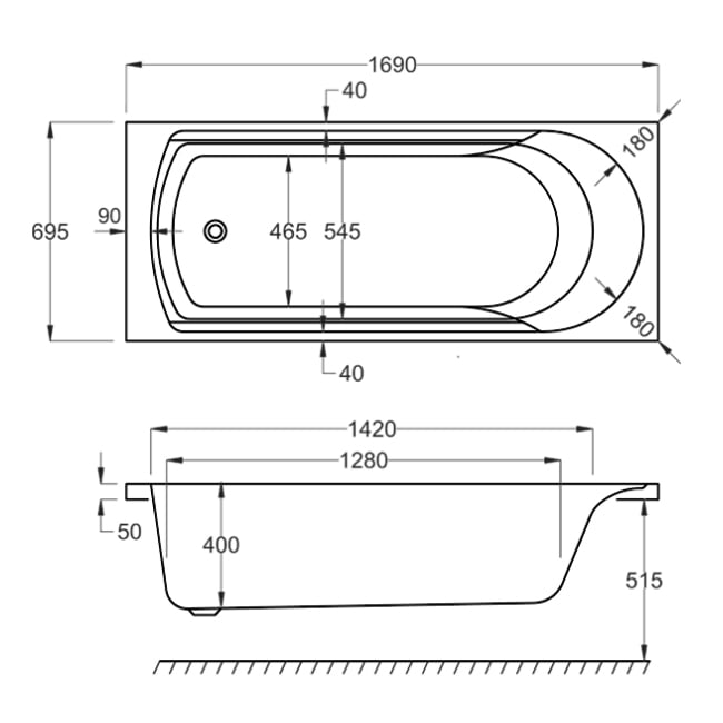 Prestige Ark Rectangular Acrylic Bath 1700mm x 700mm Single Ended