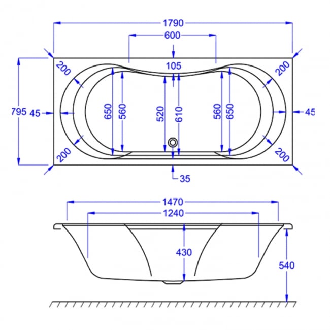 Prestige Ark Duo Rectangular Acrylic Bath 1800mm x 800mm Double Ended