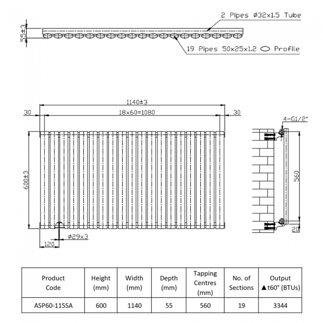 Prestige Aspen Single Designer Horizontal Radiator 600mm H x 1160mm W - Anthracite