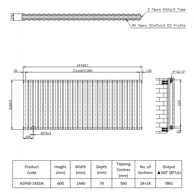 Prestige Aspen Double Designer Horizontal Radiator 600mm H x 1440mm W - Anthracite