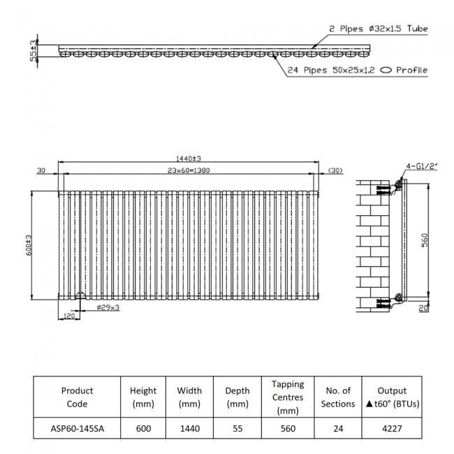 Prestige Aspen Single Designer Horizontal Radiator 600mm H x 1440mm W - Anthracite