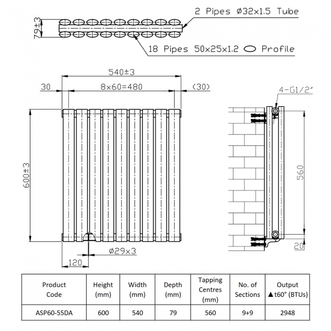 Prestige Aspen Double Designer Horizontal Radiator 600mm H x 540mm W - Anthracite