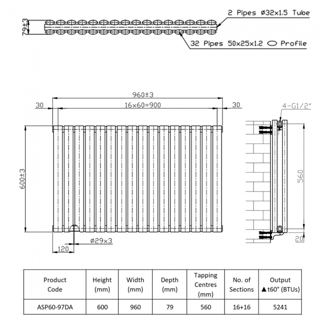 Prestige Aspen Double Designer Horizontal Radiator 600mm H x 960mm W - Anthracite