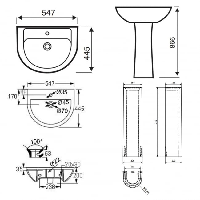 Prestige Bijoux Basin with Full Pedestal 550mm Wide - 1 Tap Hole