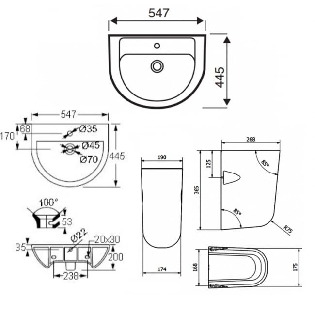 Prestige Bijoux Basin with Semi Pedestal 550mm Wide - 1 Tap Hole