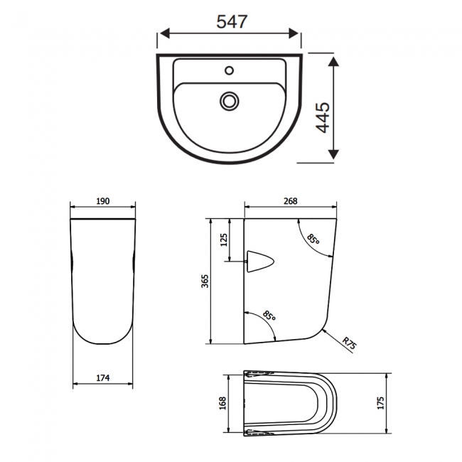 Prestige Bijoux Basin with Semi Pedestal 550mm Wide - 1 Tap Hole