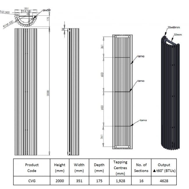 Prestige Cincinnati Designer Vertical Radiator 2000mm H x 351mm W - Anthracite