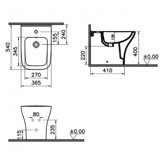 Prestige Eklipse Square Back to Wall Bidet 540mm Projection - 1 Tap Hole