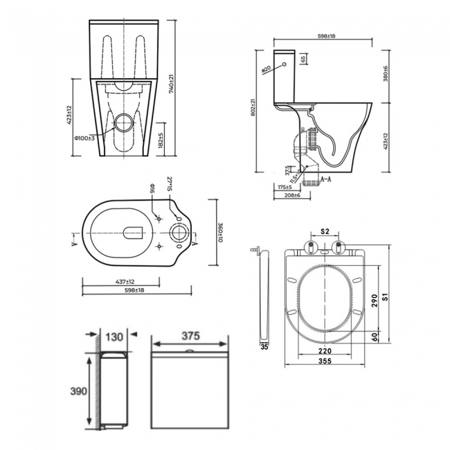 Prestige Kameo Close Coupled Short Projection Rimless Toilet with Push Button Cistern - Premium Soft Close Seat