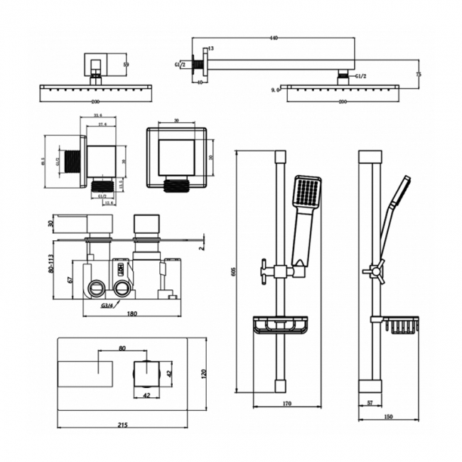 Prestige Element Option 3 Thermostatic Concealed Shower Valve with Adjustable Slide Rail Kit and Fixed Head - Chrome