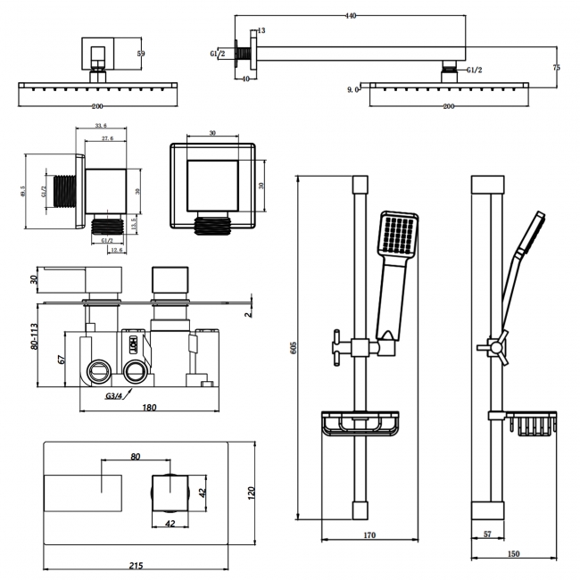 Prestige Element Option 3 Thermostatic Concealed Shower Valve with Adjustable Slide Rail Kit and Fixed Head - Chrome