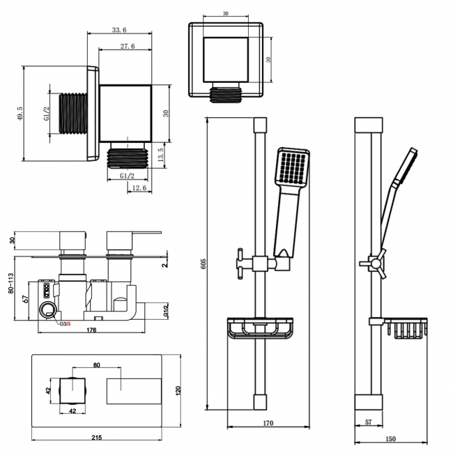 Prestige Element Option 1 Thermostatic Concealed Shower Valve with Adjustable Slide Rail Kit - Chrome