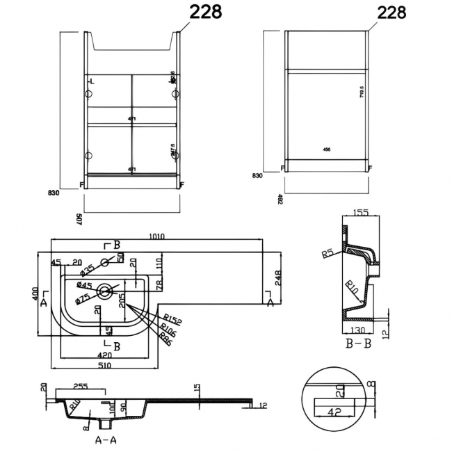 Prestige Fusion Left Handed 2 Door Combination Unit with P Shape Basin 1010mm Wide - White