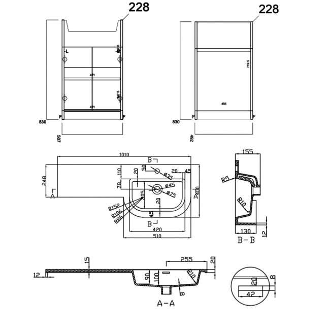 Prestige Fusion Right Handed 2 Door Combination Unit with P Shape Basin 1010mm Wide - White