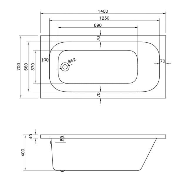 Prestige G4K Rectangular Single Ended Acrylic Bath 1400mm x 700mm - 2 Tap Hole