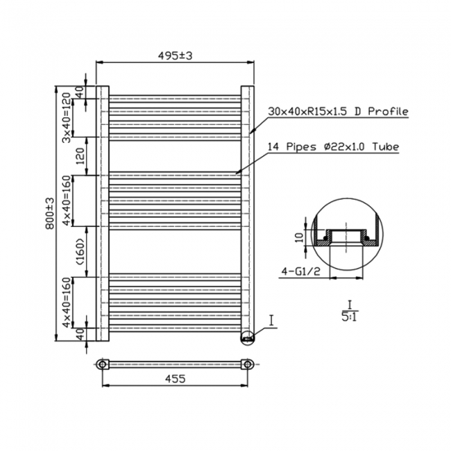 MaxHeat K-Rail Straight Heated Towel Rail 800mm H x 500mm W - Brushed Brass