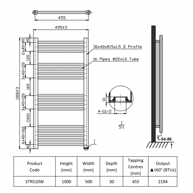 Prestige K-Rail Straight Heated Towel Rail 1000mm H x 500mm W White