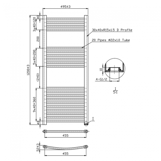 MaxHeat K-Rail Straight Heated Towel Rail 1200mm H x 500mm W - Brushed Brass