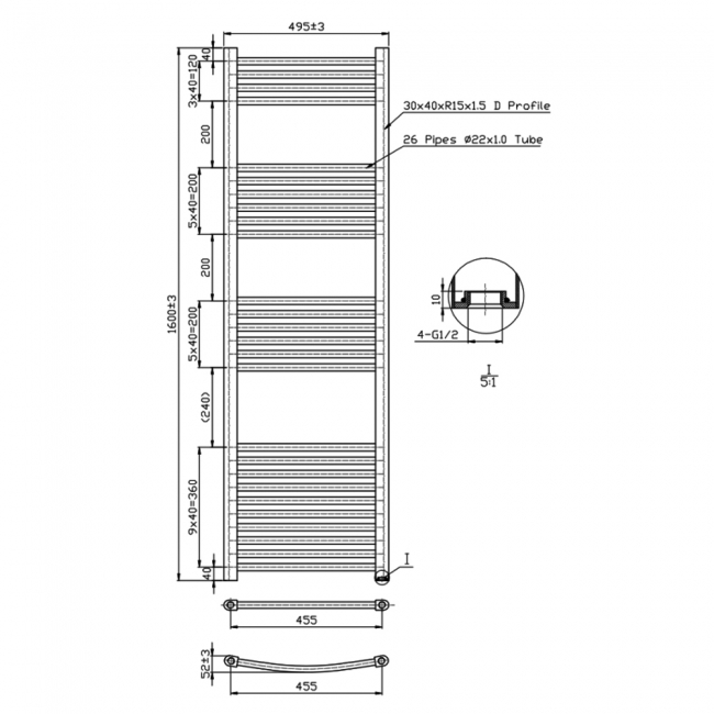 MaxHeat K-Rail Straight Heated Towel Rail 1600mm H x 500mm W - Brushed Brass