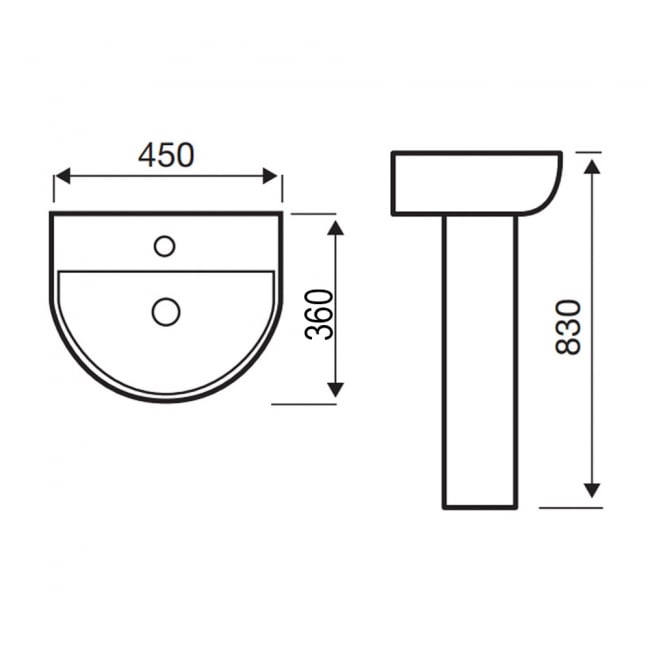 Prestige Kameo Slim Basin with Full Pedestal 450mm Wide - 1 Tap Hole