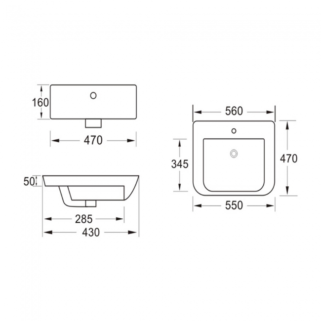 Prestige Kameo Semi Recessed Basin 560mm Wide - 1 Tap Hole