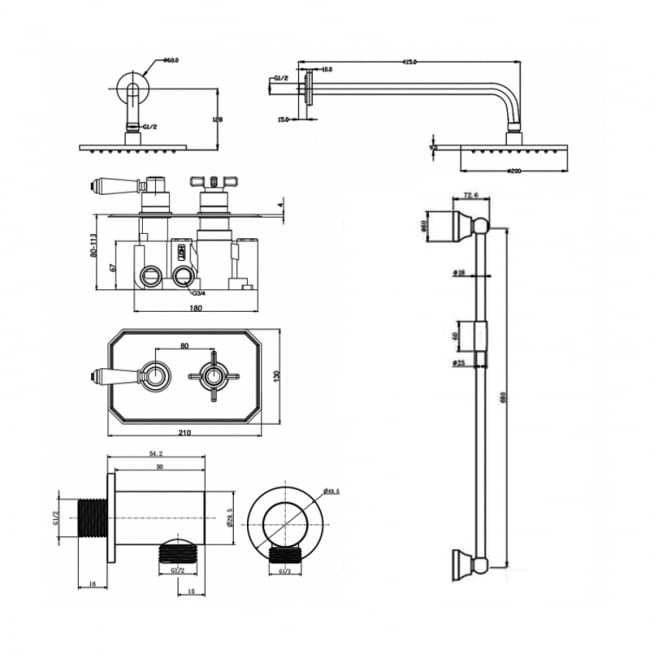 Prestige Klassique Option 3 Thermostatic Concealed Shower Valve with Adjustable Slide Rail Kit and Fixed Head - Chrome