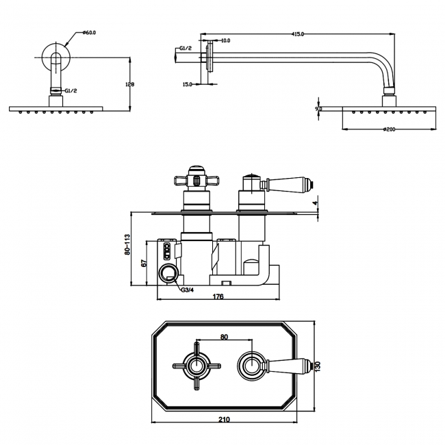 Prestige Klassique Option 2 Thermostatic Concealed Shower Valve with Fixed Shower Head and Arm - Chrome