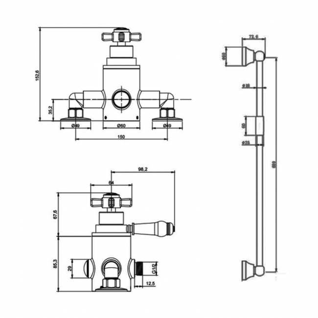 Prestige Klassique Option 4 Thermostatic Exposed Shower Valve with Adjustable Slide Rail Kit - Chrome