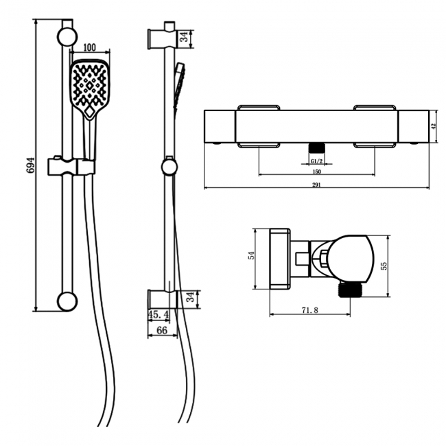 Prestige Kolt Thermostatic Round Bar Shower Valve with Shower Kit - Matt Black