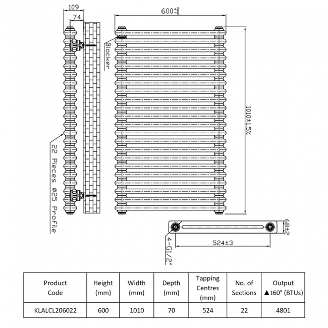 Prestige Laser Klassic 2-Column Radiator 600mm High x 1010mm Wide 22 Sections - Anthracite