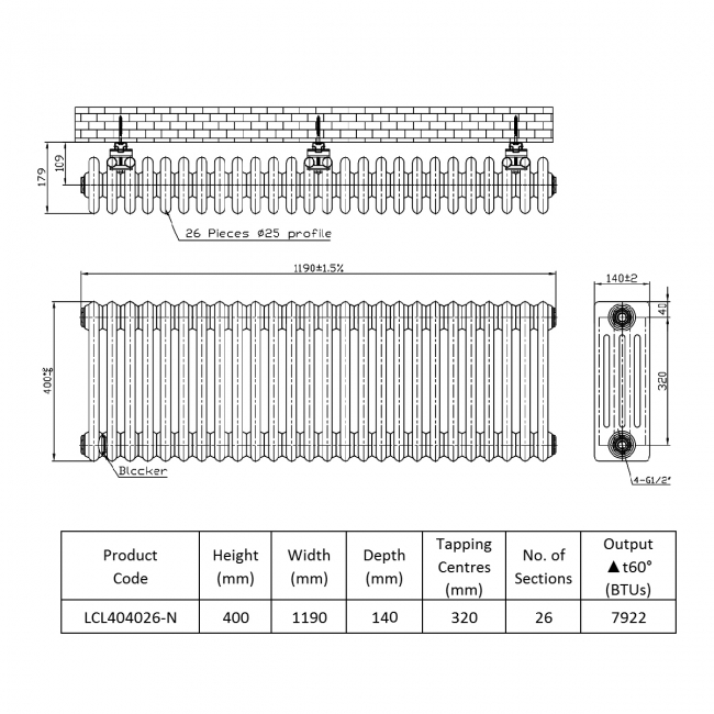 Prestige Tubular 4-Column Radiator 400mm H x 1190mm W 26 Sections - White