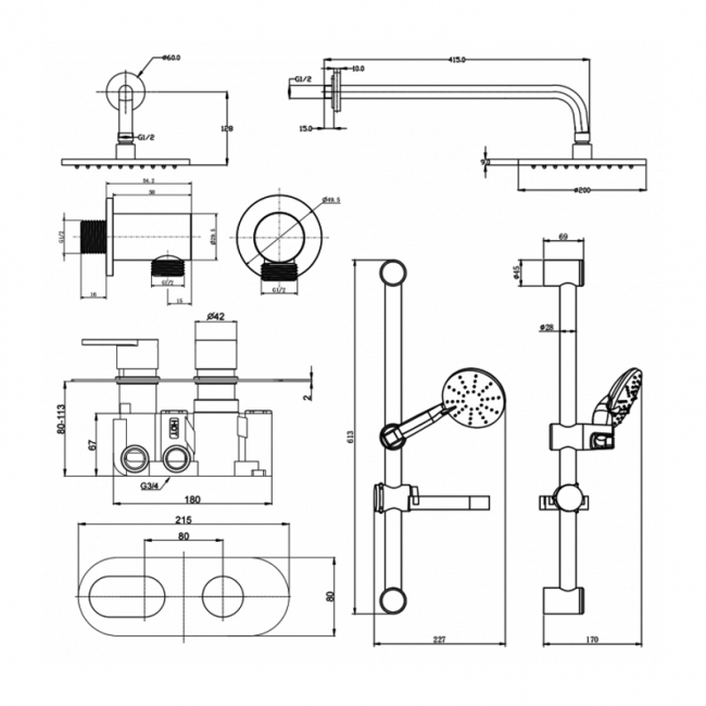 Prestige Logik Option 3 Thermostatic Concealed Shower Valve with Adjustable Slide Rail Kit and Fixed Head - Chrome