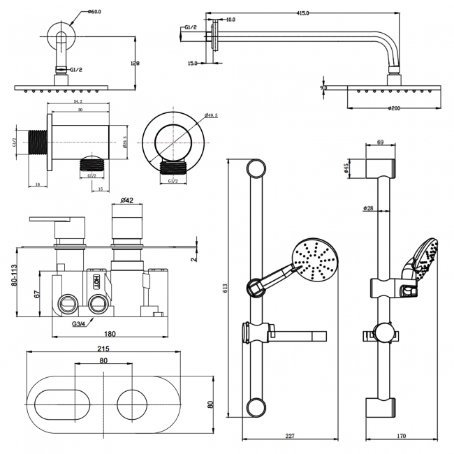 Prestige Logik Option 3 Thermostatic Concealed Shower Valve with Adjustable Slide Rail Kit and Fixed Head - Chrome