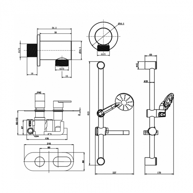 Prestige Logik Option 1 Thermostatic Concealed Shower Valve with Adjustable Slide Rail Kit - Chrome